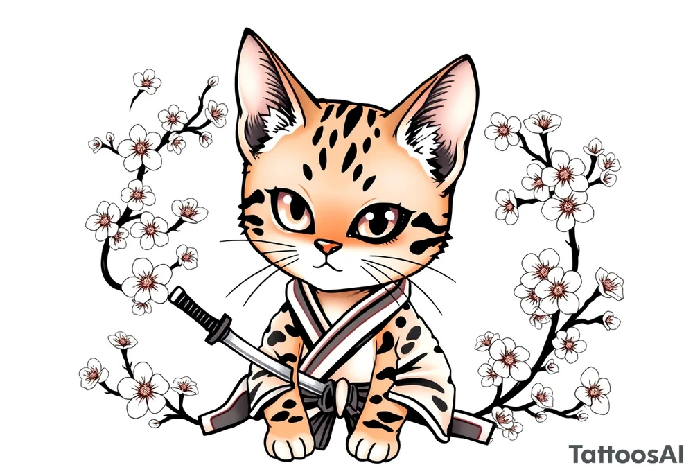 A bengal cat with a missing left eye , dressed as a Japanese samurai with katana swords and surrounded by cherry blossoms tattoo idea