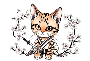 A bengal cat with a missing left eye , dressed as a Japanese samurai with katana swords and surrounded by cherry blossoms tattoo idea