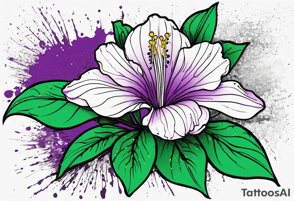 An outline of a rio dipladenia flower with a splatter green and purple background tattoo idea