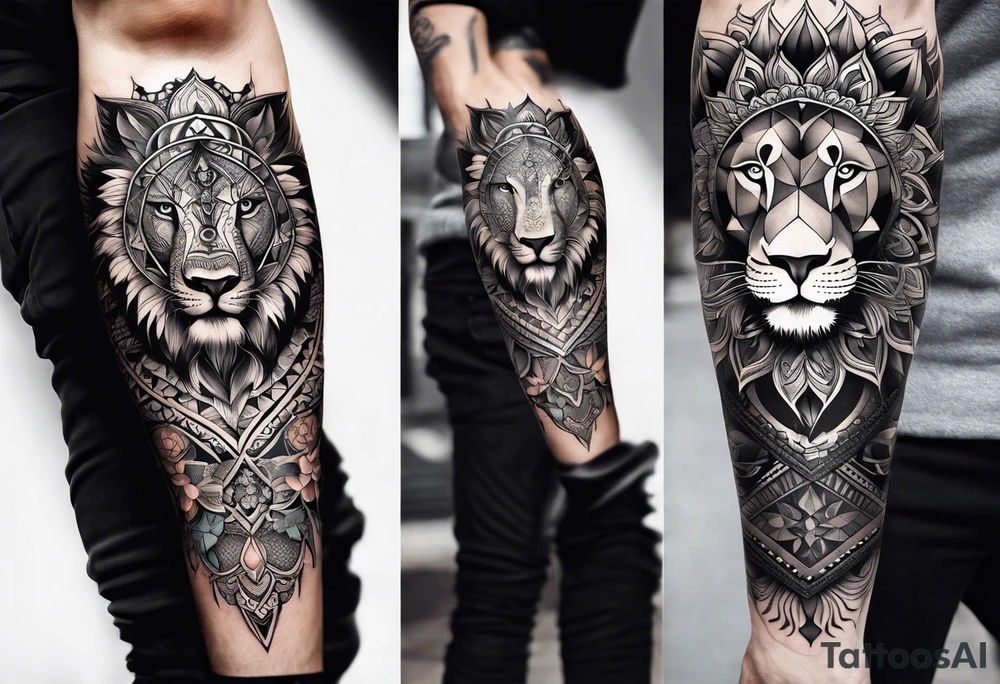 leg full sleeve for men, includes mandalas, flowers, geometric figures and a lion in the calf tattoo idea