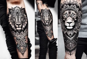 leg full sleeve for men, includes mandalas, flowers, geometric figures and a lion in the calf tattoo idea