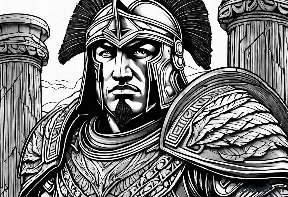 Close up of spartan solider looking left at Ancient pillars tattoo idea Close up of spartan solider looking left at Ancient pillars tattoo idea