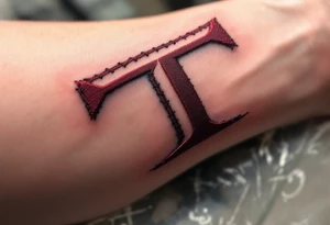 A stitched "T" in burgundy red, designed like embroidery on skin. tattoo idea