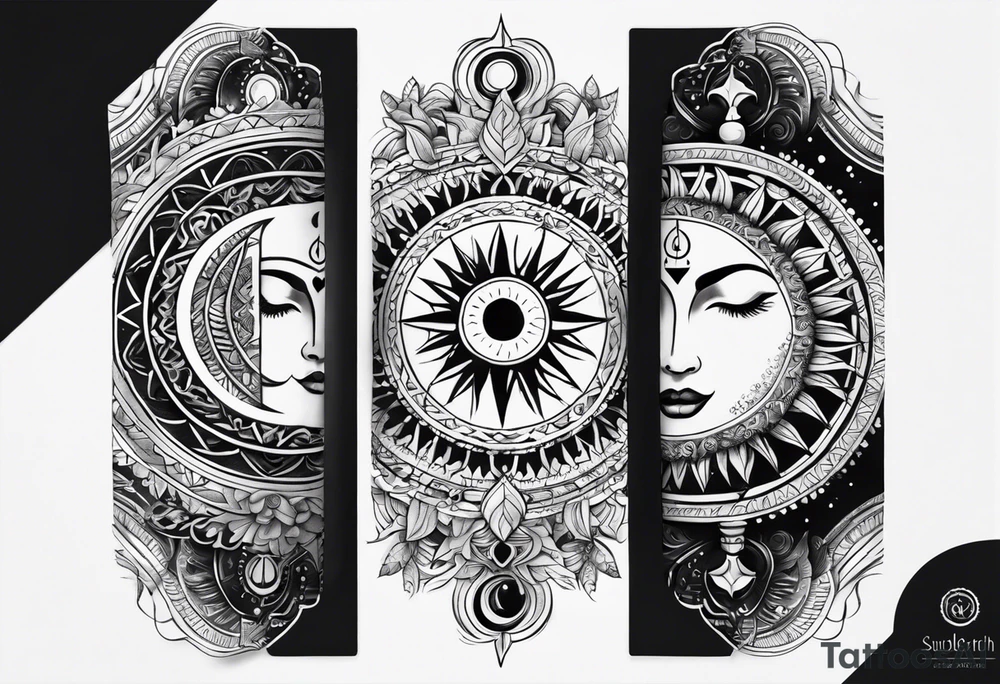 Arm sleeve tattoo with spiritual symbols, sun and moon, 7 chakras, peace symbol and strength that is a mixture of the divine feminine and masculine tattoo idea