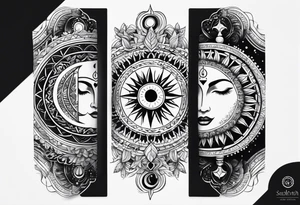 Arm sleeve tattoo with spiritual symbols, sun and moon, 7 chakras, peace symbol and strength that is a mixture of the divine feminine and masculine tattoo idea