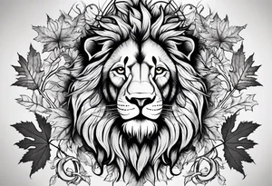The lion of Judah, which is Jesus Christ, is tied and intertwined within a maple tree, and a cross as well tattoo idea
