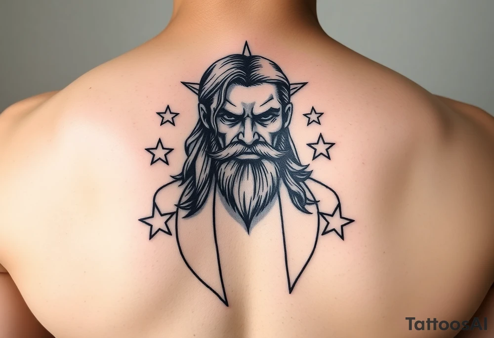 powerful black long man with stars around tattoo idea