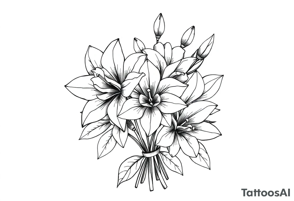 fine line flower bouquet that has daffodil, violet and narcisuss tattoo idea