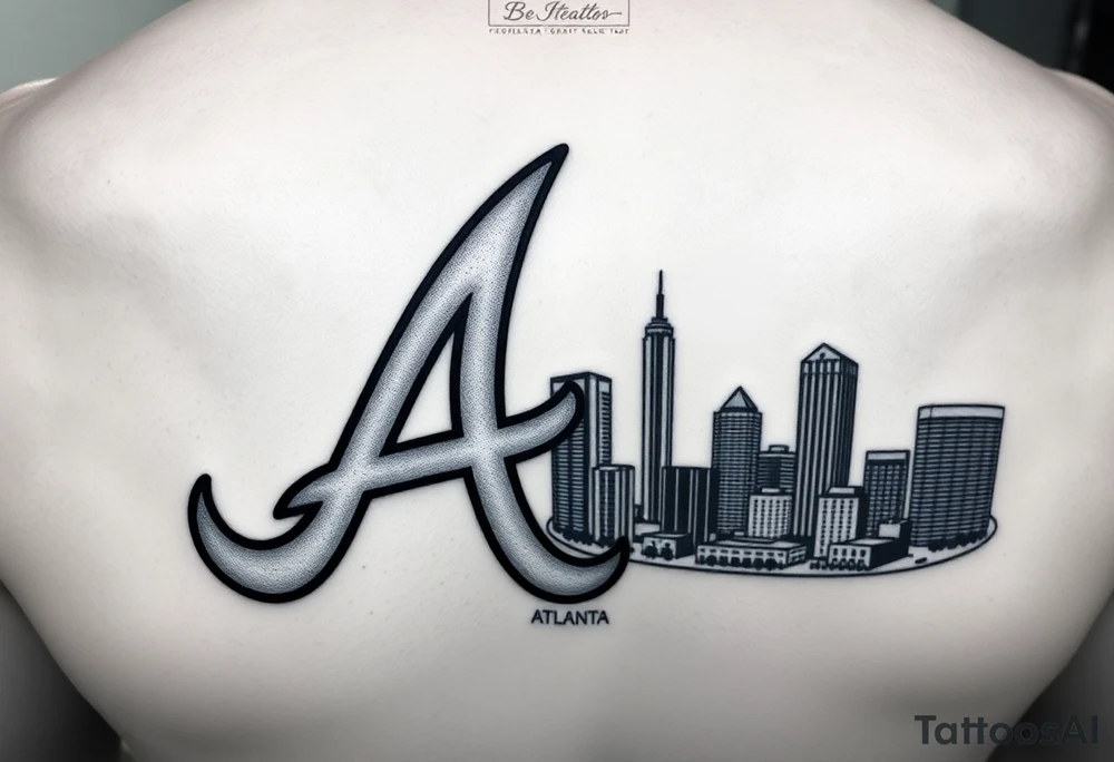 Atlanta Braves letter logo “A” overlapping the Atlanta skyline in the back on the right. The buildings as concise and jam packed parallel the logo. tattoo idea
