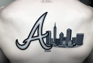 Atlanta Braves letter logo “A” overlapping the Atlanta skyline in the back on the right. The buildings as concise and jam packed parallel the logo. tattoo idea
