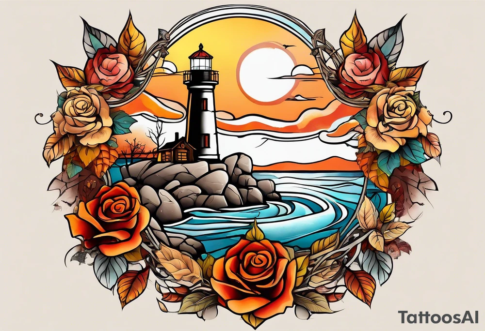 thigh tattoo in fall colors, showing lighthouse, water flow around rocks, sky, clouds, leaves, roses and no trees tattoo idea