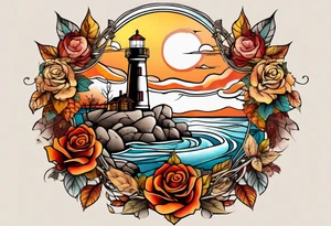 thigh tattoo in fall colors, showing lighthouse, water flow around rocks, sky, clouds, leaves, roses and no trees tattoo idea