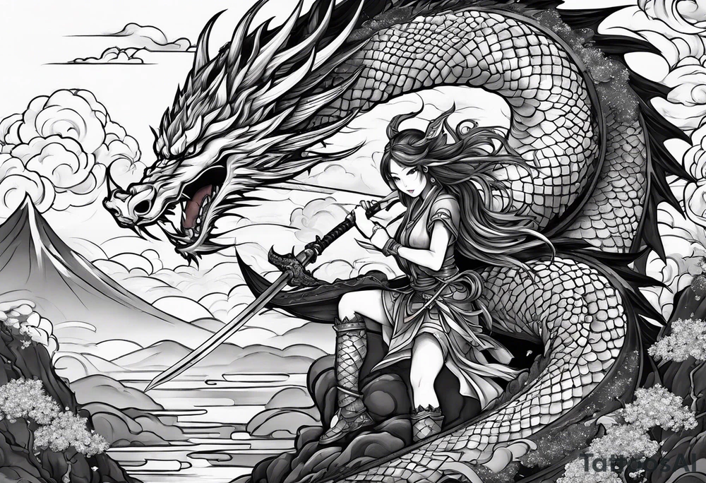 warrior beautiful fairy with a full body holding a sword and a full dragon and the background will be mountains, clouds, and a Japanese building tattoo idea