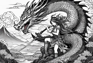 warrior beautiful fairy with a full body holding a sword and a full dragon and the background will be mountains, clouds, and a Japanese building tattoo idea