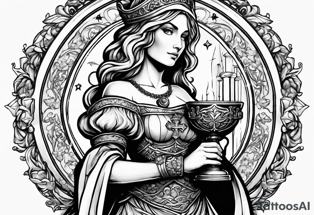 Saint Barbara holding a chalice with cannons behind her tattoo idea