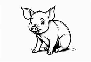 cute piglet sitting on bum. thin lines minimal shading, black and white only tattoo idea