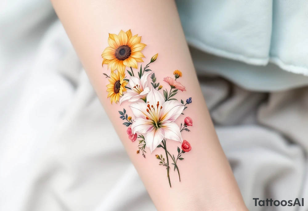 stargazer lillies in white with small sunflowers and poppies in a dainty wildflower bouquet with stems tattoo idea