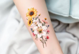 stargazer lillies in white with small sunflowers and poppies in a dainty wildflower bouquet with stems tattoo idea