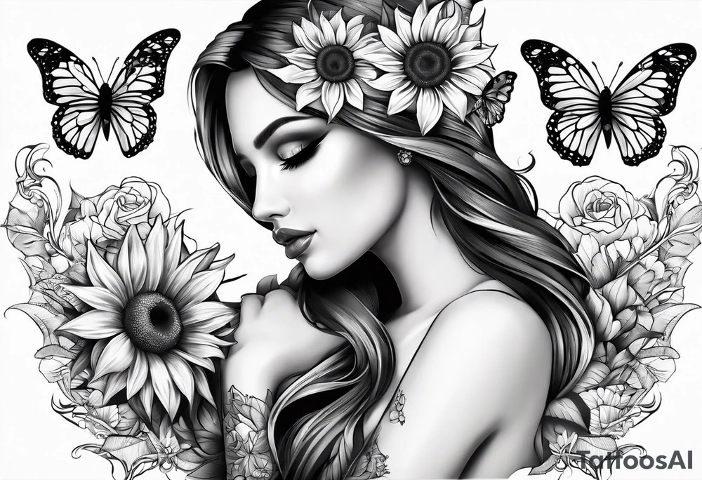 Arm sleeve with Winged cross with sunflower and butterflies tattoo idea