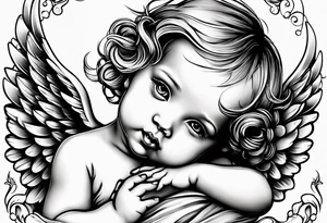 a baby angel with "my sweet angel" written underneath it tattoo idea
