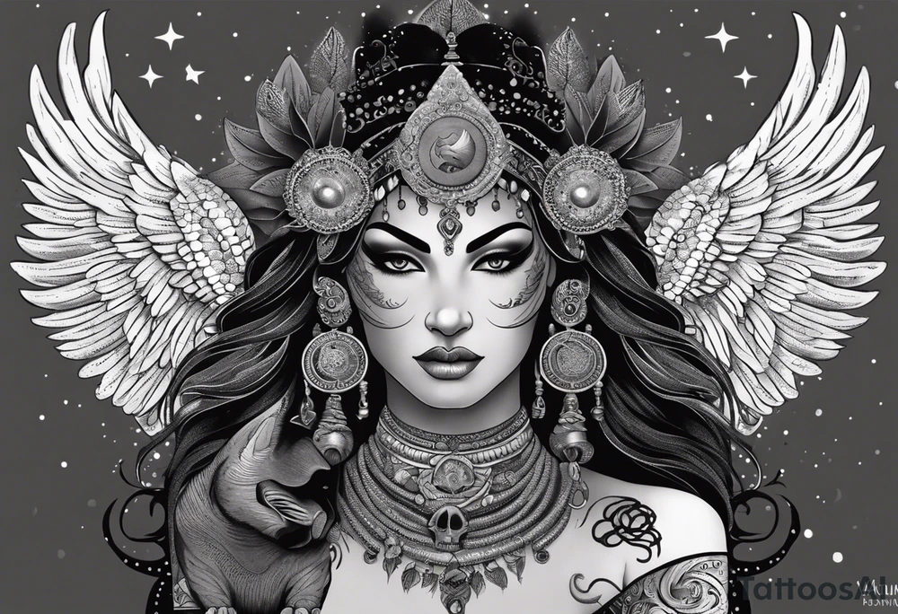 black kali, goddess pirate, alien, angel, pachamama, valkrye, warrior, flying, skull, lotus azul, wing, eagle, zenza resonance, stars, 5D, anahata chakra, death, durga, riding on a tiger, flying lady, kundalini, chest tatoo, samuri, rebel, serpent tattoo idea