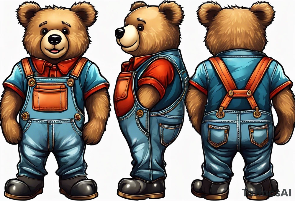 standing teddy bear in overalls and boots from behind tattoo idea