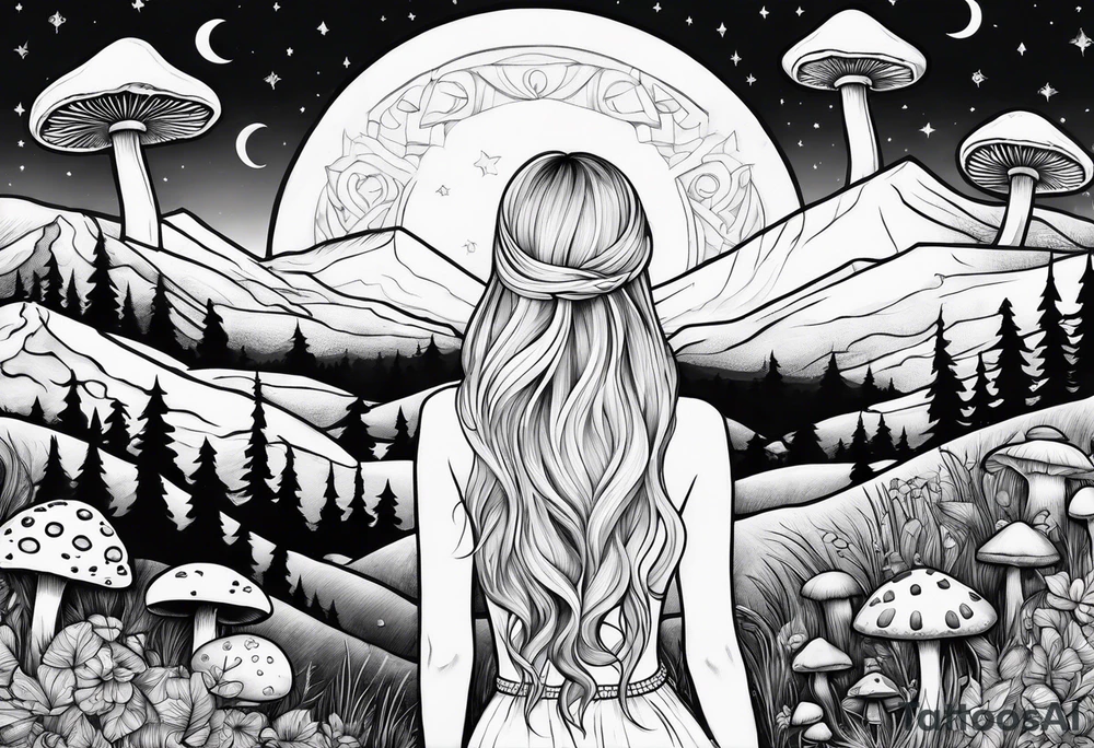 Straight blonde hair girl facing away mountains surrounded by mushrooms crescent moon tattoo idea
