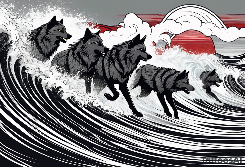 a pack of 3 howling muscular  gray wolves surfing waves with a linear background with red, white and black and gray including the word Howler in an aggressive script font tattoo idea