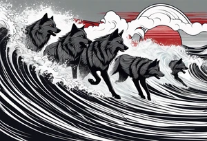 a pack of 3 howling muscular  gray wolves surfing waves with a linear background with red, white and black and gray including the word Howler in an aggressive script font tattoo idea