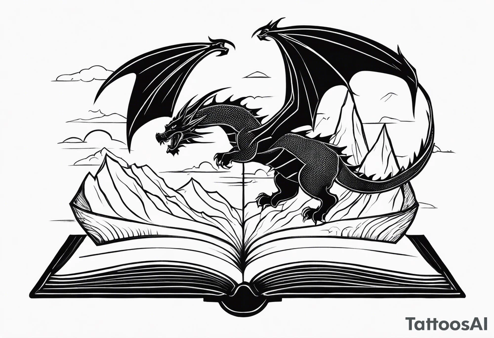 an open fantasy book. a flying dragon with scales and four legs. a castle. three mountain peaks tattoo idea