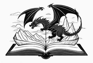an open fantasy book. a flying dragon with scales and four legs. a castle. three mountain peaks tattoo idea