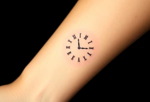 A single-line minimalist clock, with the child’s name "Alex" and birth date "12.03.2014" forming the ticking hands, in simple black ink with a soft shadow effect tattoo idea