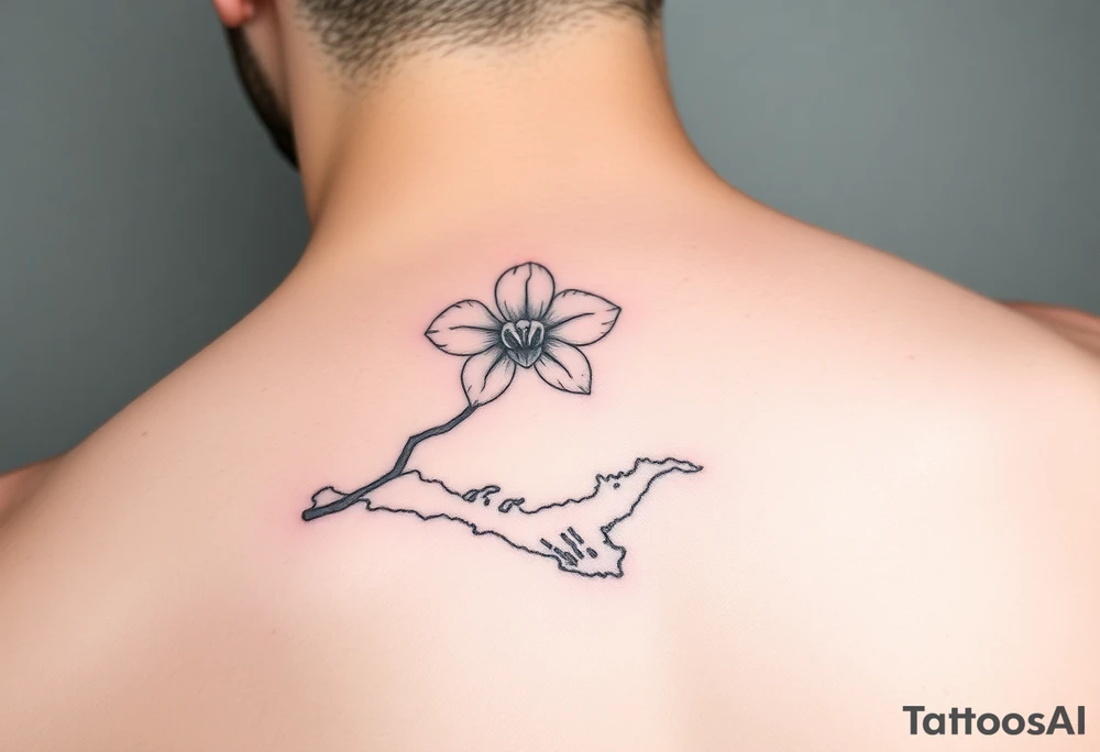 Thin line tattoo that uses the Venezuelan coastline as the stem of an orchid flower tattoo idea