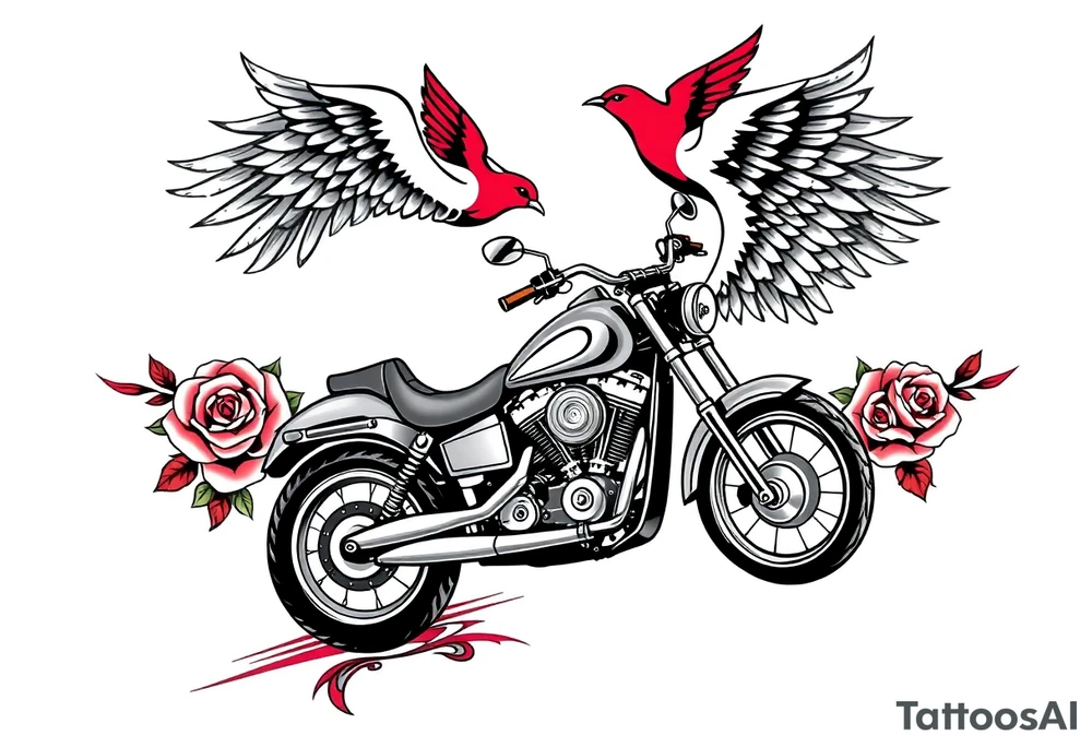 Harley grey motorcycle driving away, two red birds flying, roses, flames, angel wings tattoo idea