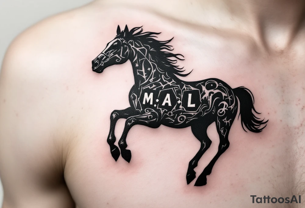 horse silhouette 
from the front which gallops from the front, with the 3 small letters discreetly integrated: M, A, L tattoo idea