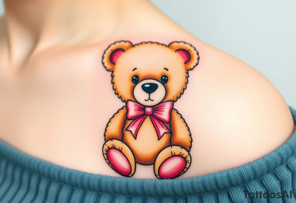 realistic tan teddy bear with a pink bow around its neck tattoo idea