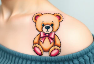 realistic tan teddy bear with a pink bow around its neck tattoo idea