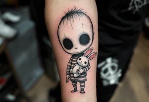 Tim Burton’s black-eyed orphan holds a broken toy rabbit, dressed in dusty pink and gray stripes. tattoo idea