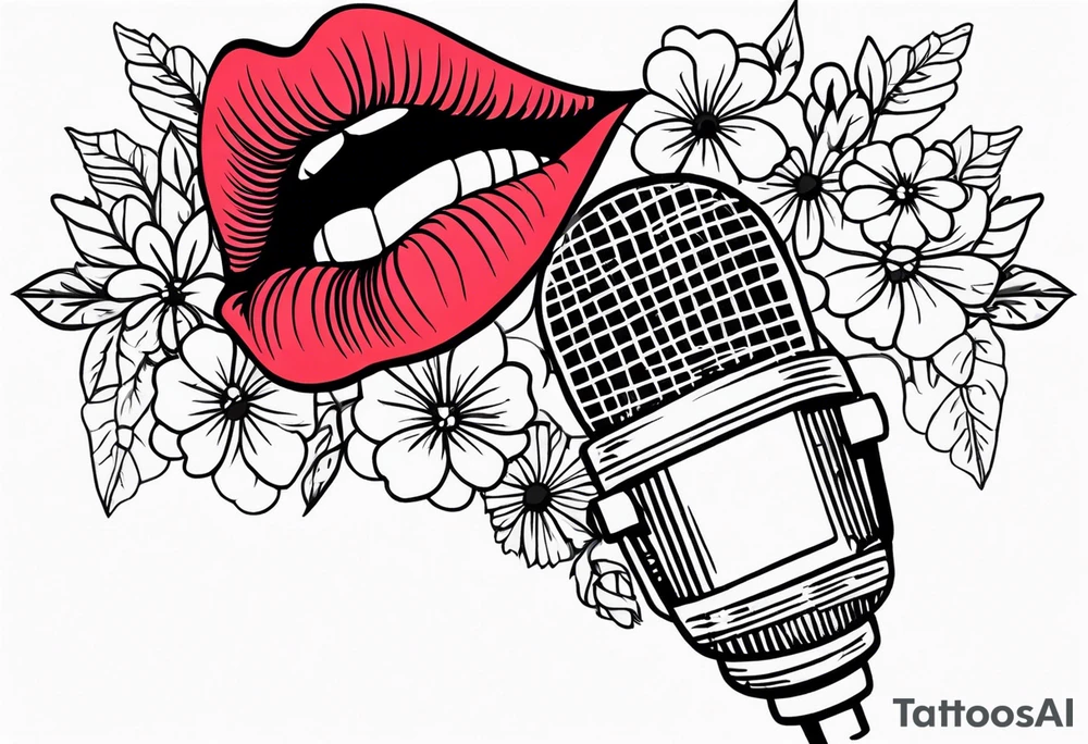 lips singing old school vintage traditional
flowers around and mouth next to microphone
bold and colorful simple design dots and simple flowers sketch tattoo idea
