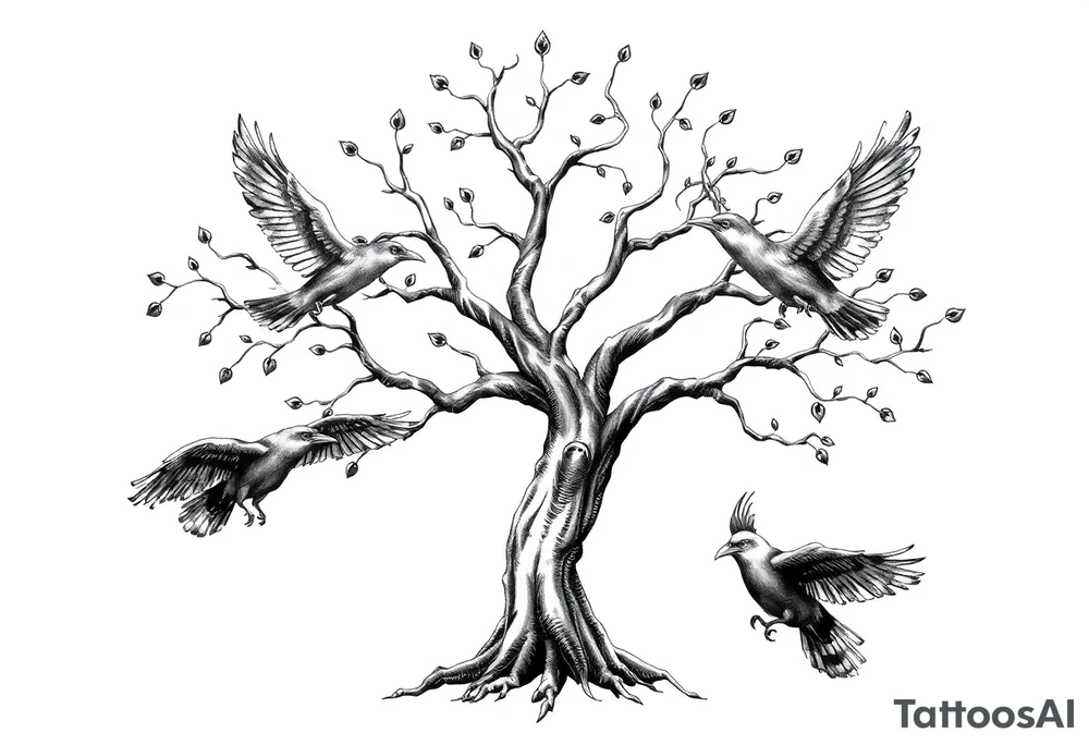 Irish family tree with 3 flying ravens tattoo idea