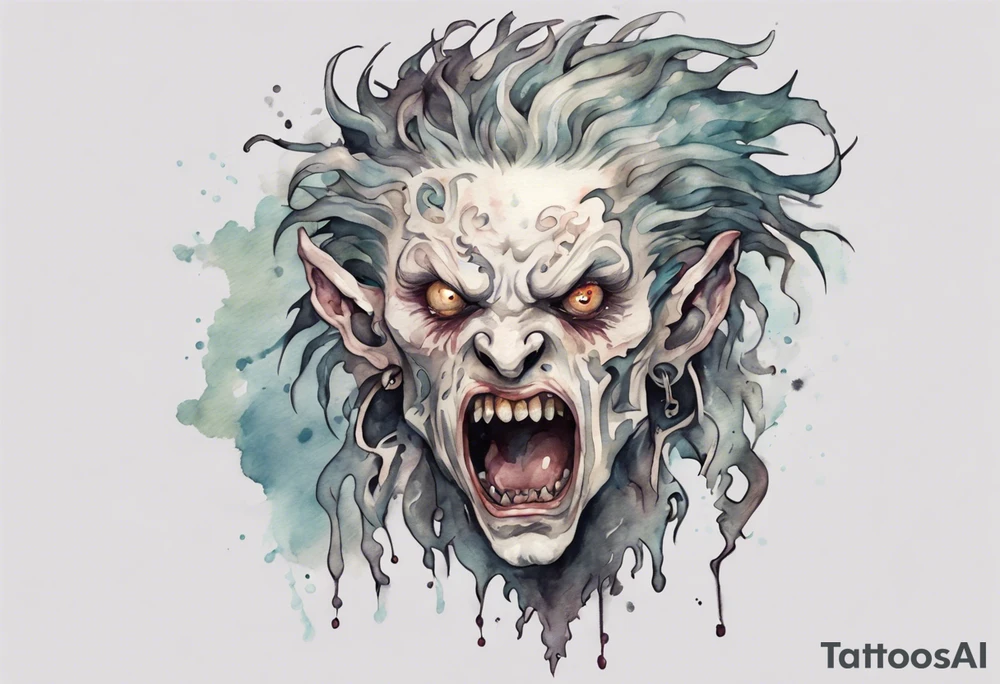 a pale creature walking upright with messy hair, white eyes, screaming tattoo idea