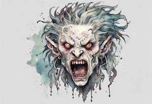 a pale creature walking upright with messy hair, white eyes, screaming tattoo idea