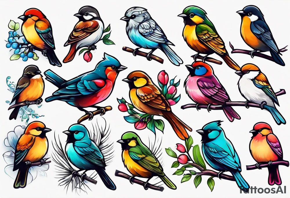 Seven small, colorful birds tattoo idea