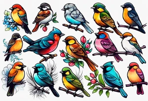 Seven small, colorful birds tattoo idea