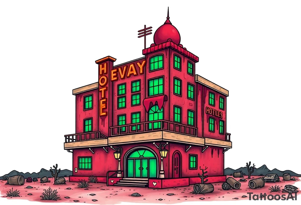 Tim Burton’s vegas sex hotel from outside viewis abandoned and dripping with muted reds, dusty pinks, and eerie green glow. tattoo idea tattoo idea