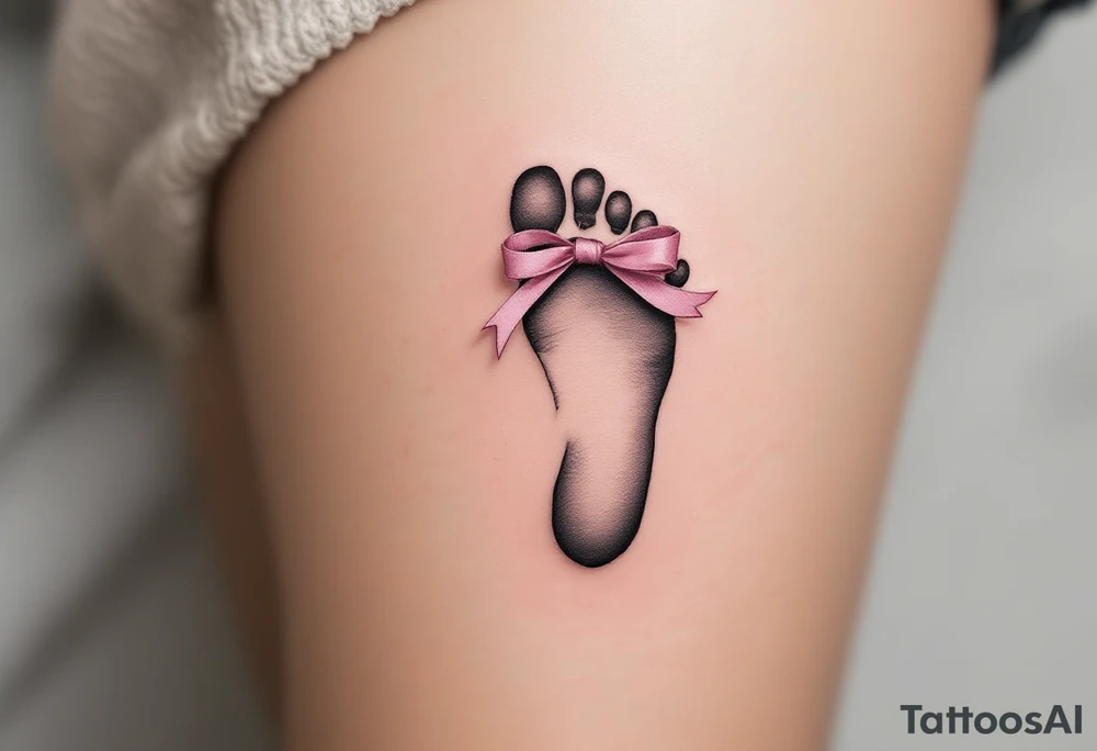 A tiny footprint in soft gray with a pink ribbon tied around it, personalized with a birthdate Lena 26. 03. 2019. tattoo idea