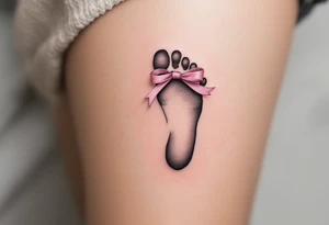 A tiny footprint in soft gray with a pink ribbon tied around it, personalized with a birthdate Lena 26. 03. 2019. tattoo idea
