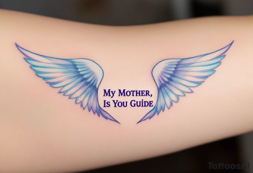 A pair of angel wings in light blue and lavender with “My Mother, Is My Guide” between them. tattoo idea