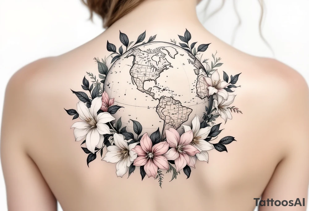 A globe encircled by blooming flowers in soft pastels rests on a bed of lush green continents. tattoo idea