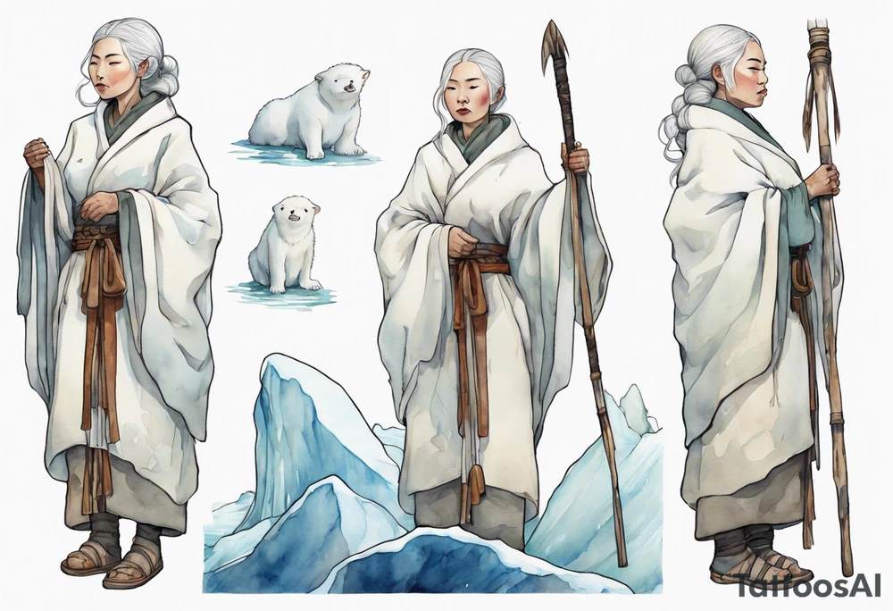 an Inuit woman with white hair and a white robe holding a long ivory bowstaff, standing on an iceberg tattoo idea